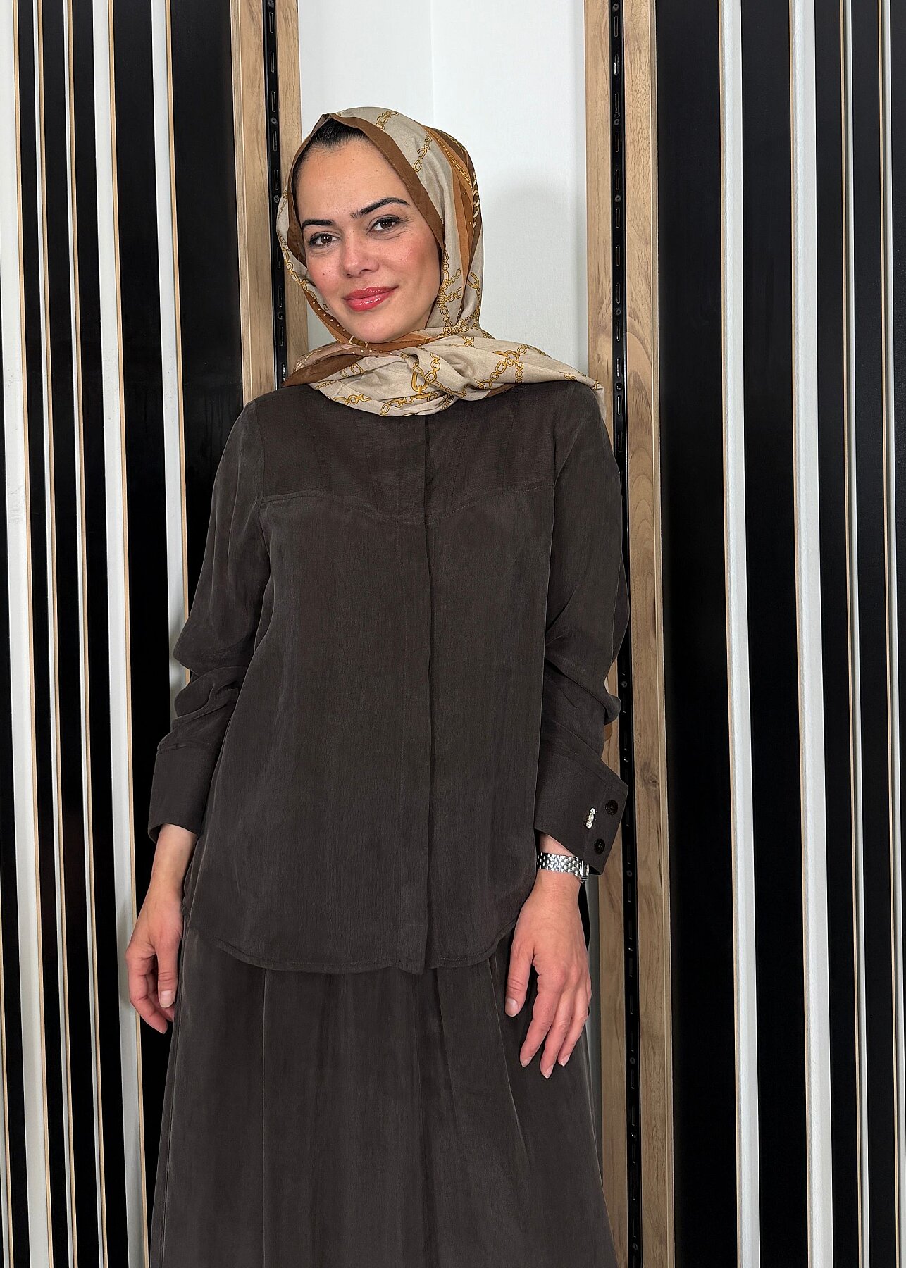 Miss Dalida Uzun Yollu Yakasız Cupra Keten Gömlek Cacao - 1
