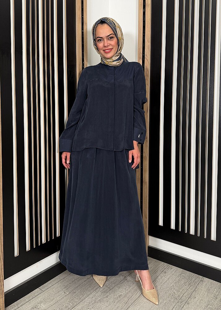 Miss Dalida Uzun Yollu Yakasız Cupra Keten Gömlek Dark Navy