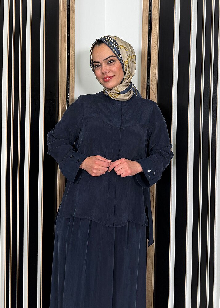 Miss Dalida Uzun Yollu Yakasız Cupra Keten Gömlek Dark Navy (1)