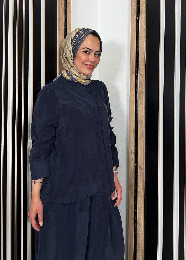 Miss Dalida Uzun Yollu Yakasız Cupra Keten Gömlek Dark Navy - 3