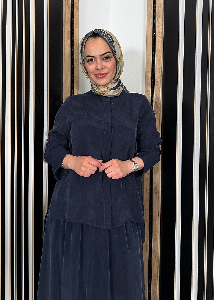 Miss Dalida Uzun Yollu Yakasız Cupra Keten Gömlek Dark Navy - 4