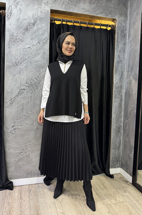 Miss Dalida V Yaka Kolsuz Triko Tunik BLACK - 1