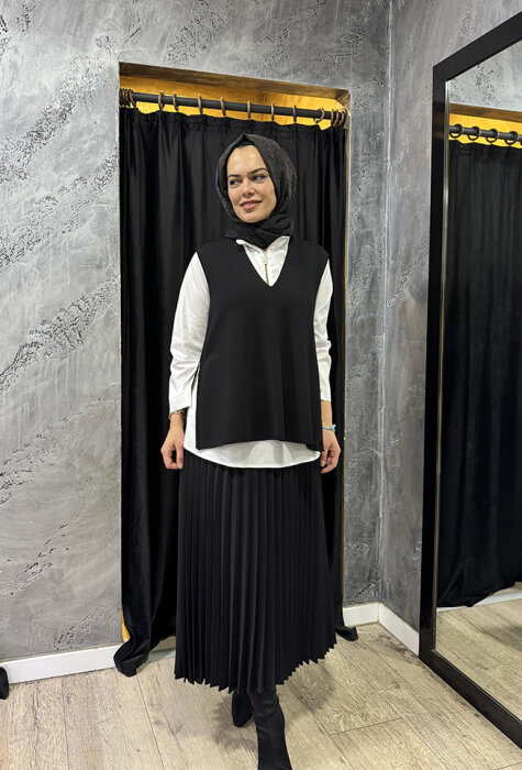 Miss Dalida V Yaka Kolsuz Triko Tunik BLACK - 6