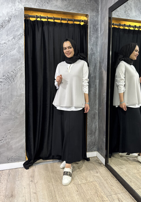 Miss Dalida V Yaka Kolsuz Triko Tunik Light Grey - 1