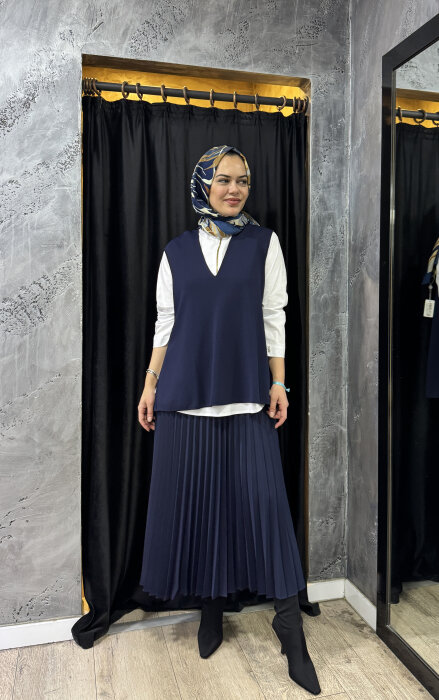 Miss Dalida V Yaka Kolsuz Triko Tunik Navy Blue - 1
