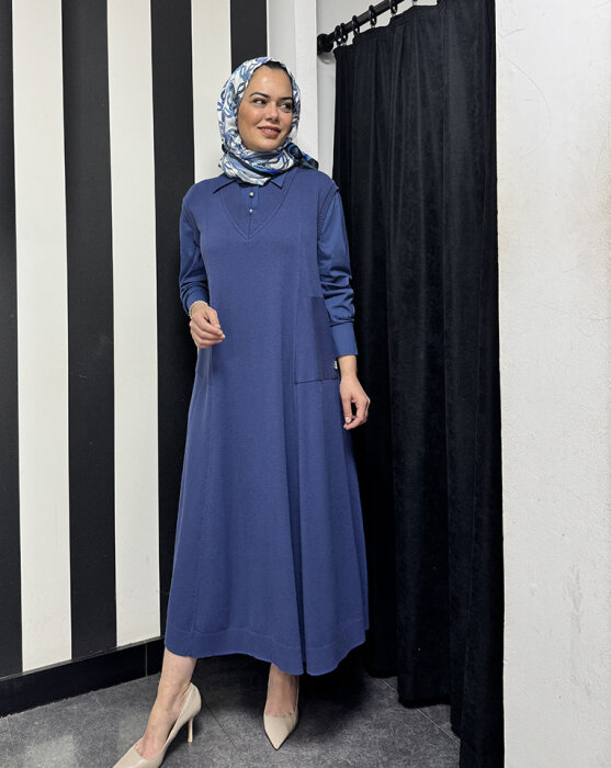 Miss Dalida V Yaka Triko Gömlekli Elbise İNDİGO - 1