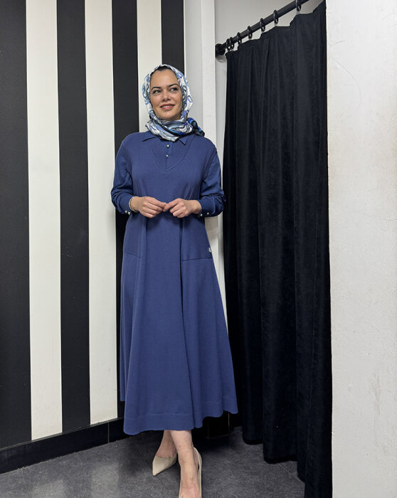 Miss Dalida V Yaka Triko Gömlekli Elbise İNDİGO - 2