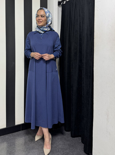 Miss Dalida V Yaka Triko Gömlekli Elbise İNDİGO - 3