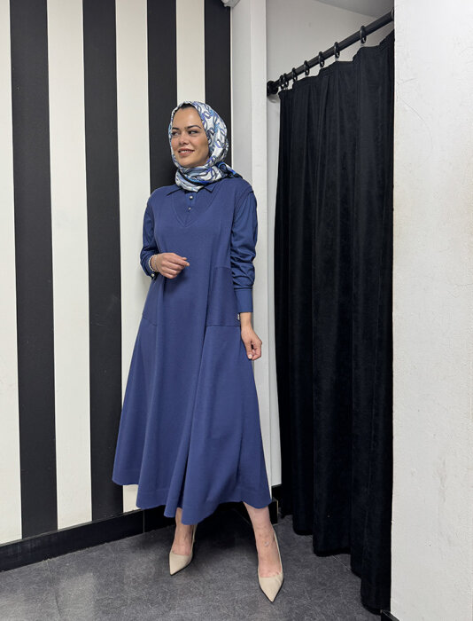 Miss Dalida V Yaka Triko Gömlekli Elbise İNDİGO - 4