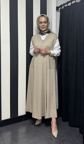 Miss Dalida V Yaka Triko Gömlekli Elbise VİZON - 2