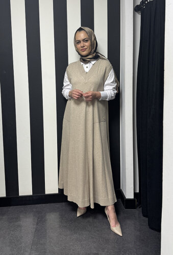 Miss Dalida V Yaka Triko Gömlekli Elbise VİZON - 3