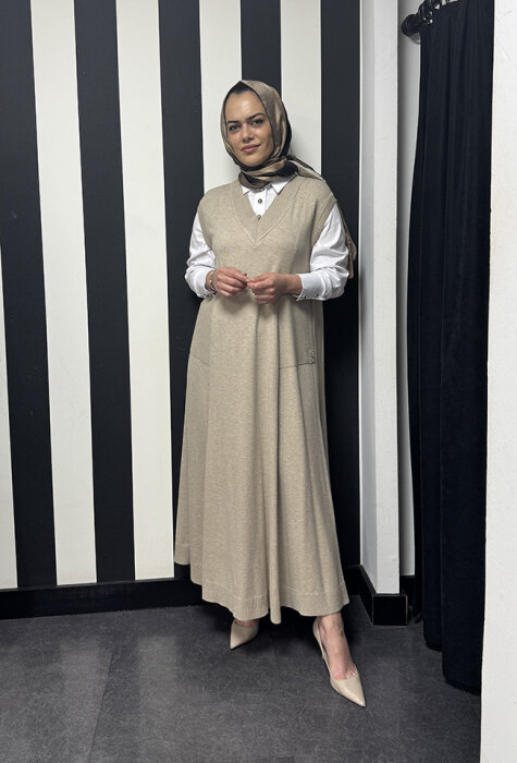 Miss Dalida V Yaka Triko Gömlekli Elbise VİZON - 3