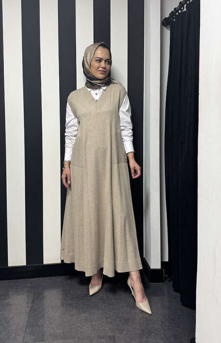 Miss Dalida V Yaka Triko Gömlekli Elbise VİZON - 1