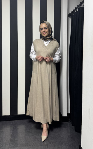 Miss Dalida V Yaka Triko Gömlekli Elbise VİZON - 4