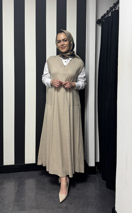 Miss Dalida V Yaka Triko Gömlekli Elbise VİZON - 4