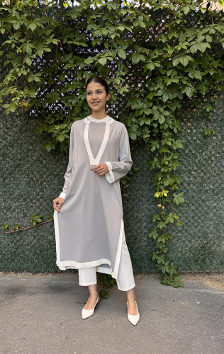 Miss Dalida V Yaka Uzun Triko Tunik GREY 