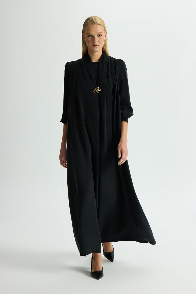 Miss Dalida Yaka Detaylı Broşlu Cupro Elbise BLACK - 2