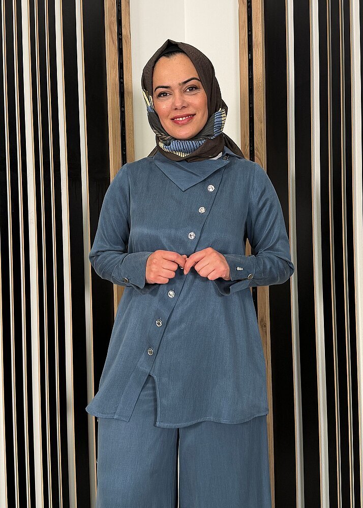 Miss Dalida Yaka Detaylı İpek Keten Gömlek BLUE (1)