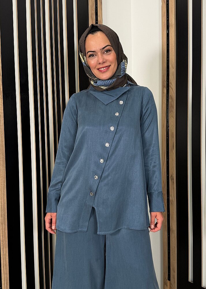 Miss Dalida Yaka Detaylı İpek Keten Gömlek BLUE