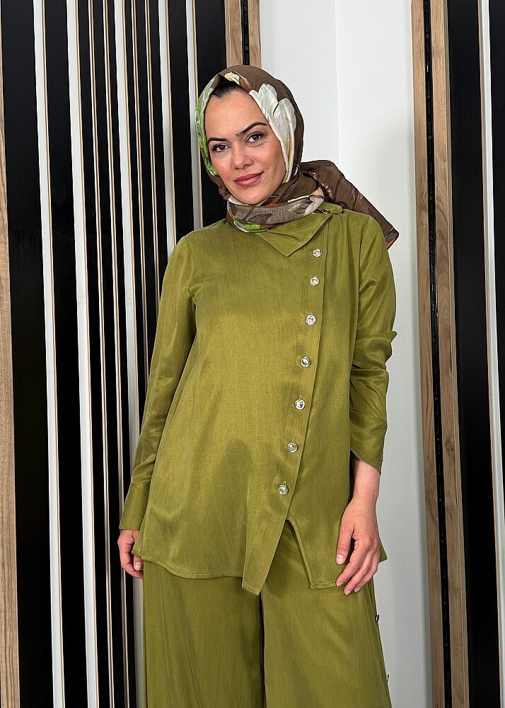 Miss Dalida Yaka Detaylı İpek Keten Gömlek olive