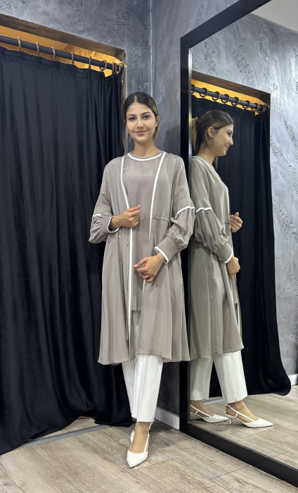 Miss Dalida Yakası Çizgi Detaylı Kolsuz Cupra Tunik MİNK - 2