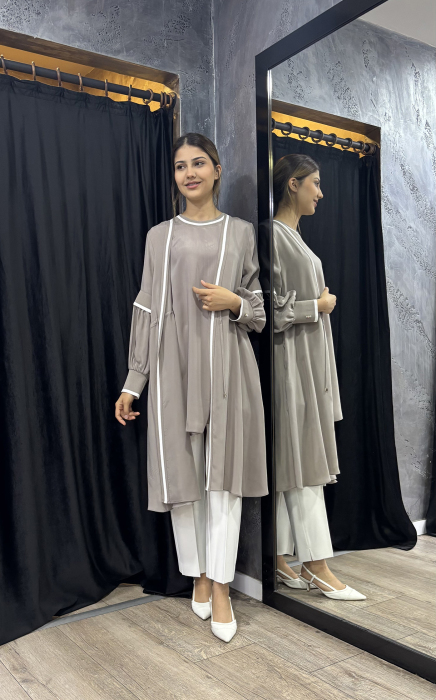 Miss Dalida Yakası Çizgi Detaylı Kolsuz Cupra Tunik MİNK - 1