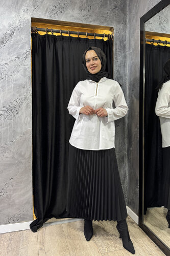 Miss Dalida Yakası Fermuarlı Beyaz Poplin Gömlek Ecru/Gold - 4