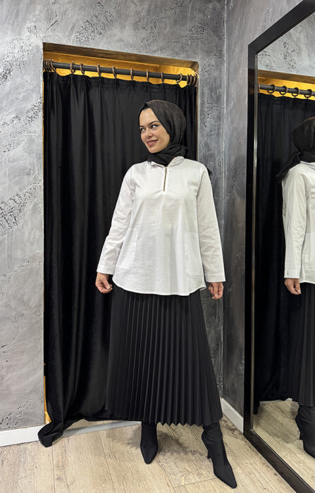 Miss Dalida Yakası Fermuarlı Beyaz Poplin Gömlek Ecru/Gold - 5