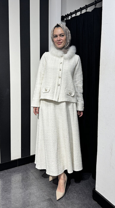 Miss Dalida Yakası Kürklü Tüvit Ceket EKRU - 2