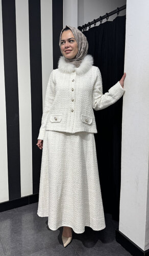 Miss Dalida Yakası Kürklü Tüvit Ceket EKRU - 3