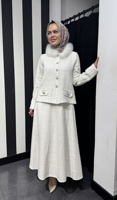 Miss Dalida Yakası Kürklü Tüvit Ceket EKRU - 3