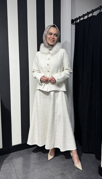 Miss Dalida Yakası Kürklü Tüvit Ceket EKRU - 4