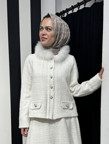 Miss Dalida Yakası Kürklü Tüvit Ceket EKRU - MİSS DALİDA