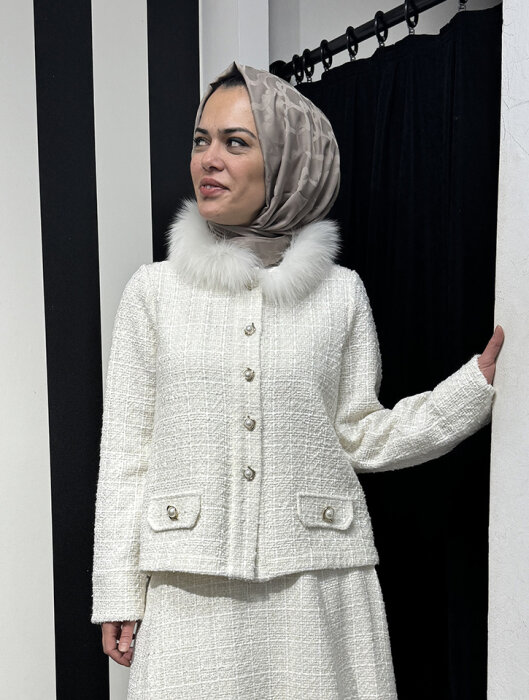 Miss Dalida Yakası Kürklü Tüvit Ceket EKRU - 1