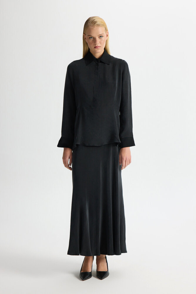 Miss Dalida Yakası Ve Manşeti Triko Detaylı Cupro Tunik BLACK - 2