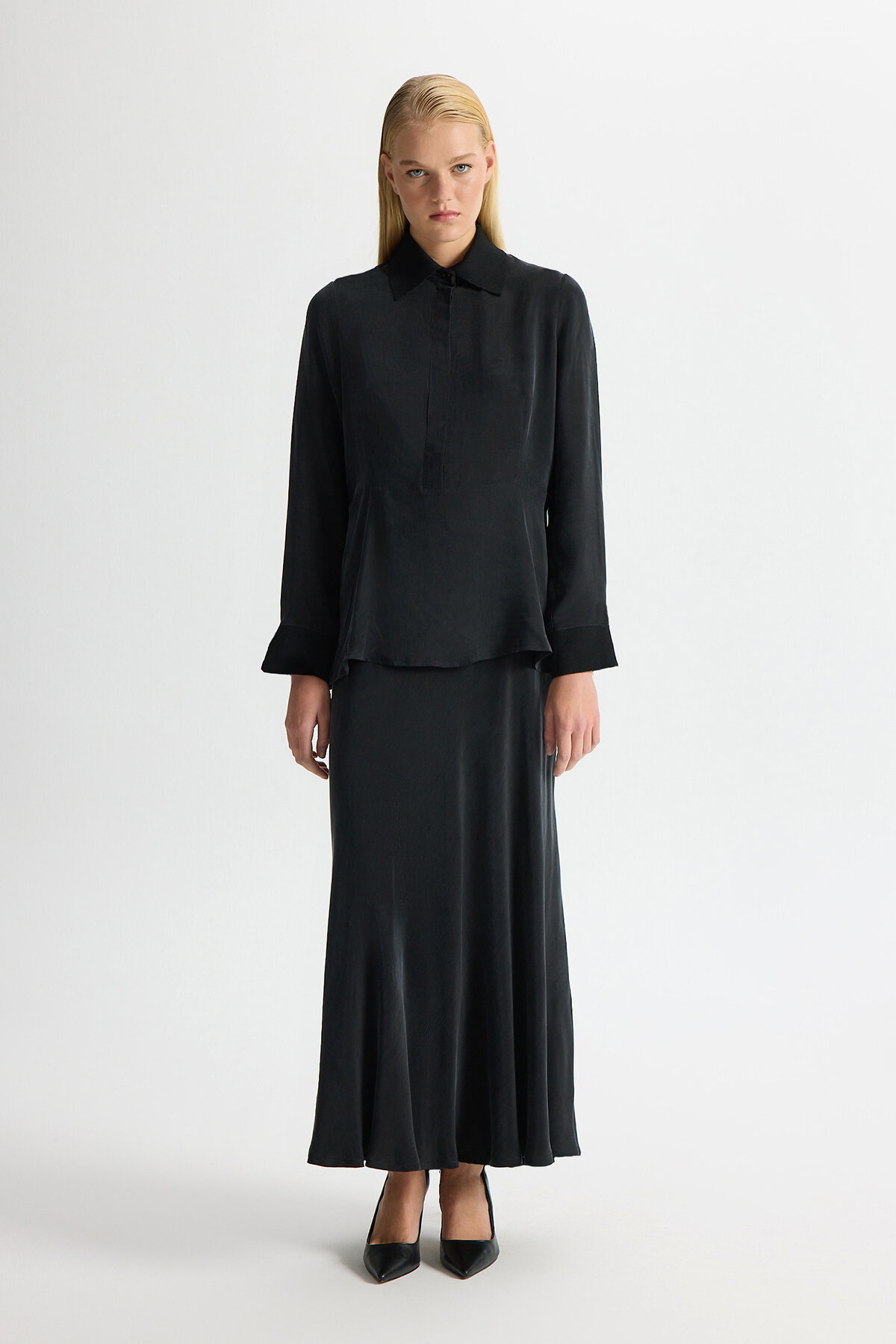 Miss Dalida Yakası Ve Manşeti Triko Detaylı Cupro Tunik BLACK - 2