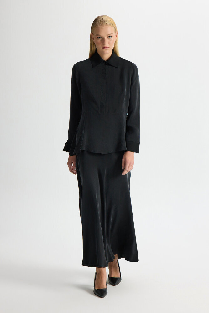 Miss Dalida Yakası Ve Manşeti Triko Detaylı Cupro Tunik BLACK - 3