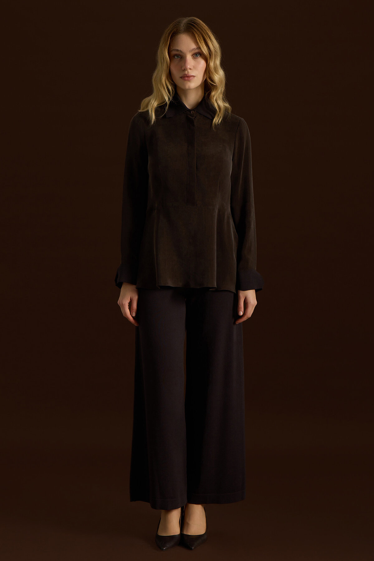 Miss Dalida Yakası Ve Manşeti Triko Detaylı Cupro Tunik Cacao - 3