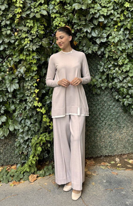 Miss Dalida Yakası Yırtmaçlı Triko Tunik Stone - 2