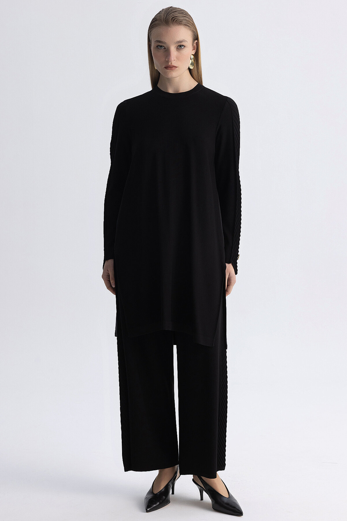 Miss Dalida Yanı Balıksırtı Detaylı Bol Paça Triko Pantolon BLACK - 2