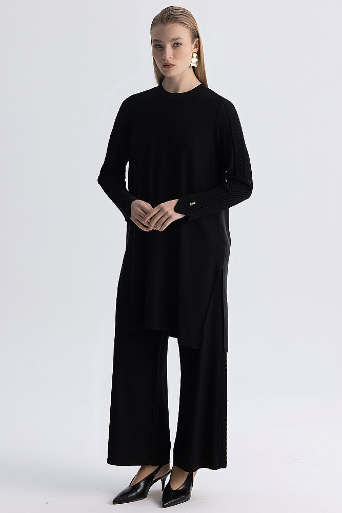 Miss Dalida Yanı Balıksırtı Detaylı Bol Paça Triko Pantolon BLACK - 3