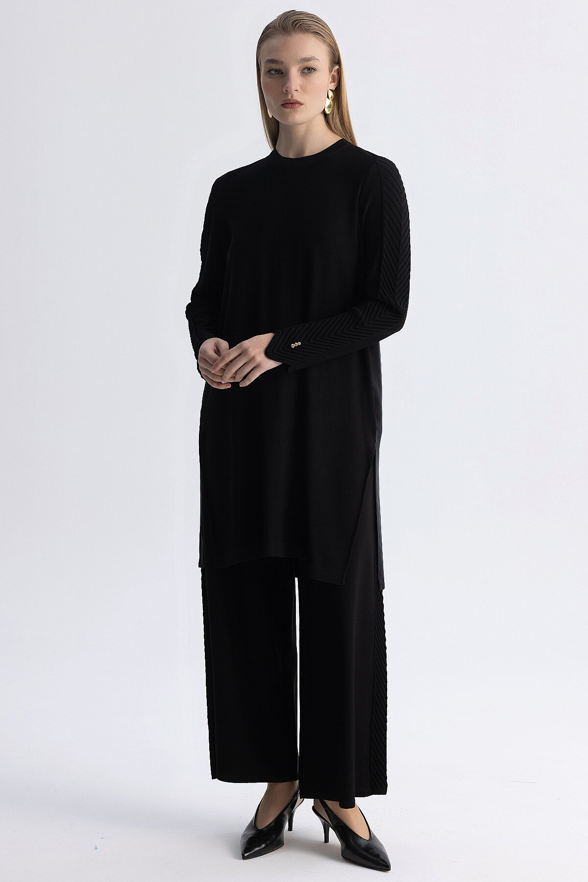 Miss Dalida Yanı Balıksırtı Detaylı Bol Paça Triko Pantolon BLACK - 4