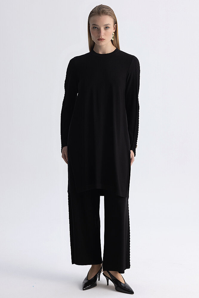 Miss Dalida Yanı Balıksırtı Detaylı Bol Paça Triko Pantolon BLACK - 5