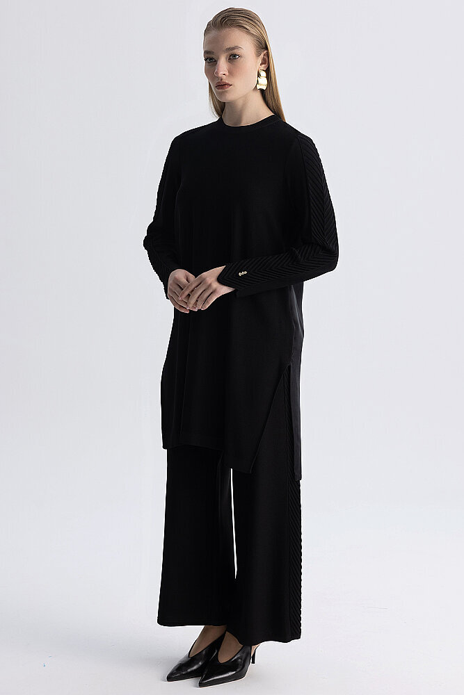 Miss Dalida Yanı Balıksırtı Detaylı Bol Paça Triko Pantolon BLACK - 6