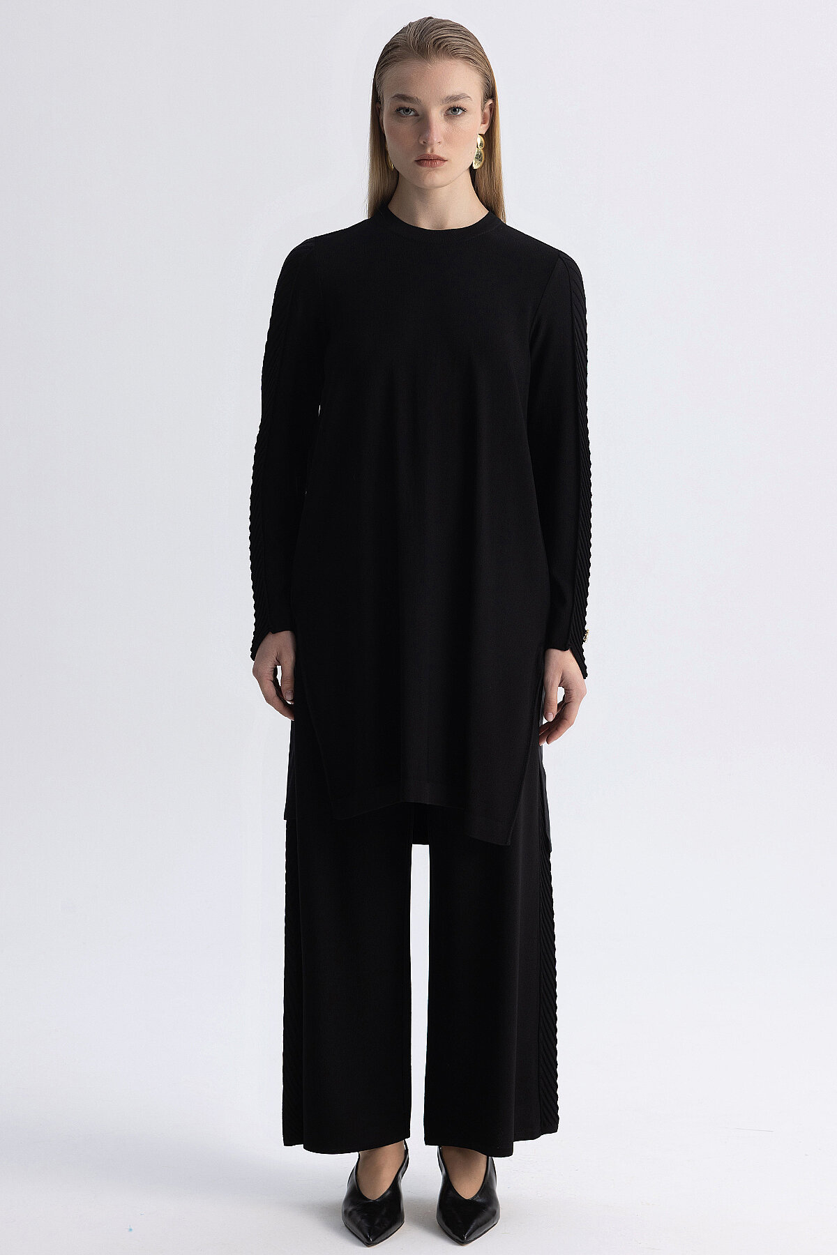 Miss Dalida Yanı Balıksırtı Detaylı Bol Paça Triko Pantolon BLACK - 7