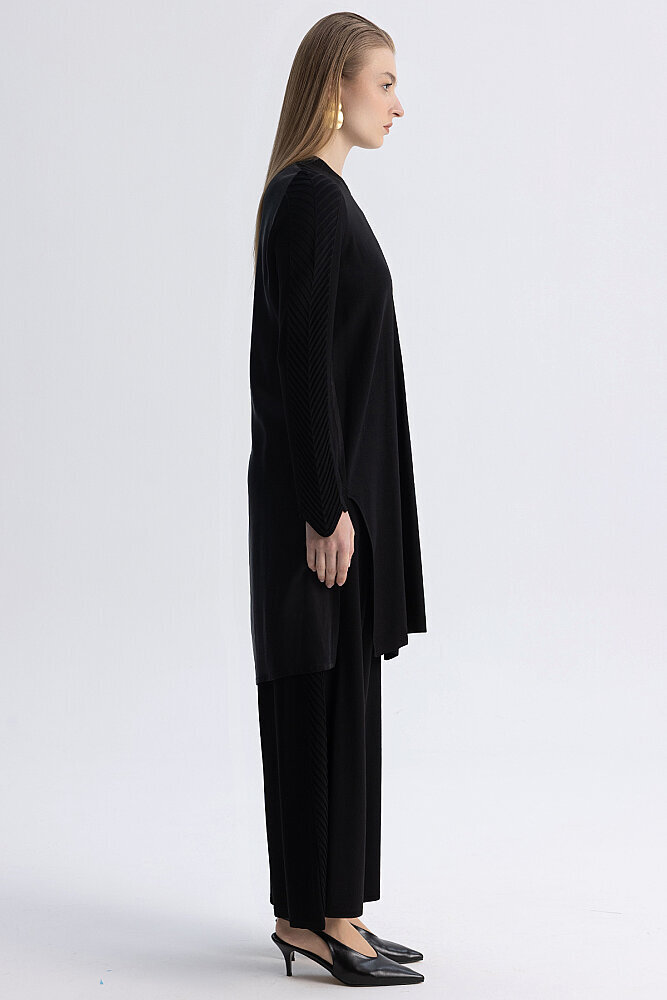Miss Dalida Yanı Balıksırtı Detaylı Bol Paça Triko Pantolon BLACK - 8