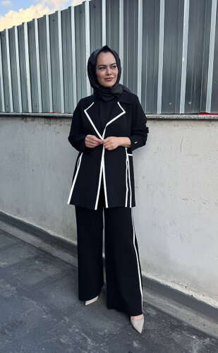 Miss Dalida Yanları Beyaz Bol Paça Pantolon BLACK - 1