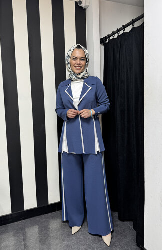 Miss Dalida Yanları Beyaz Bol Paça Pantolon İNDİGO - 2