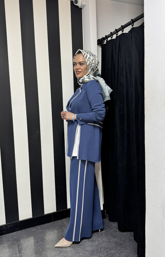 Miss Dalida Yanları Beyaz Bol Paça Pantolon İNDİGO - 3