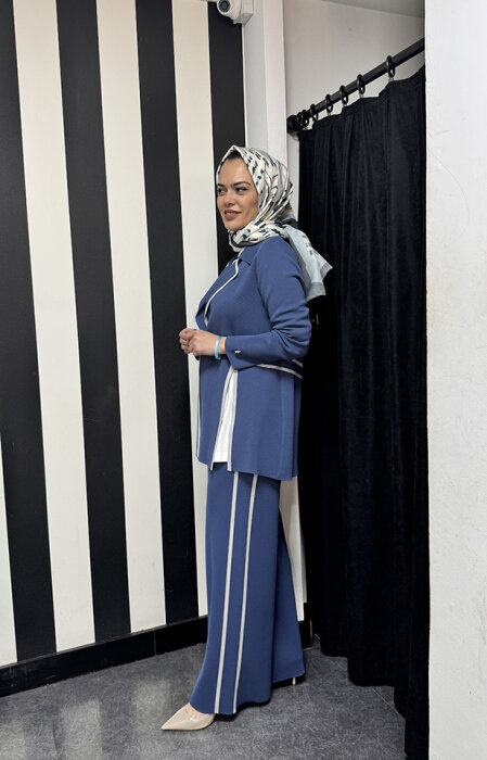 Miss Dalida Yanları Beyaz Bol Paça Pantolon İNDİGO - 3